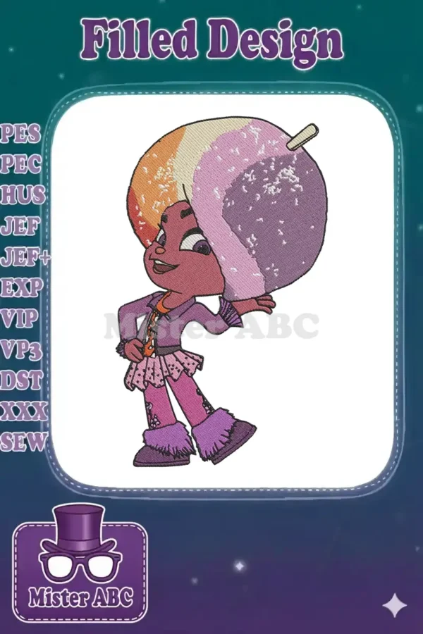 Vibrant embroidery of humanized Sunny Starscout, featuring her iconic rainbow hair and playful outfit.