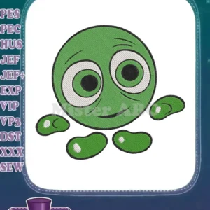 Close-up of a vibrant green, circular creature embroidery design with large, expressive eyes and a smile.