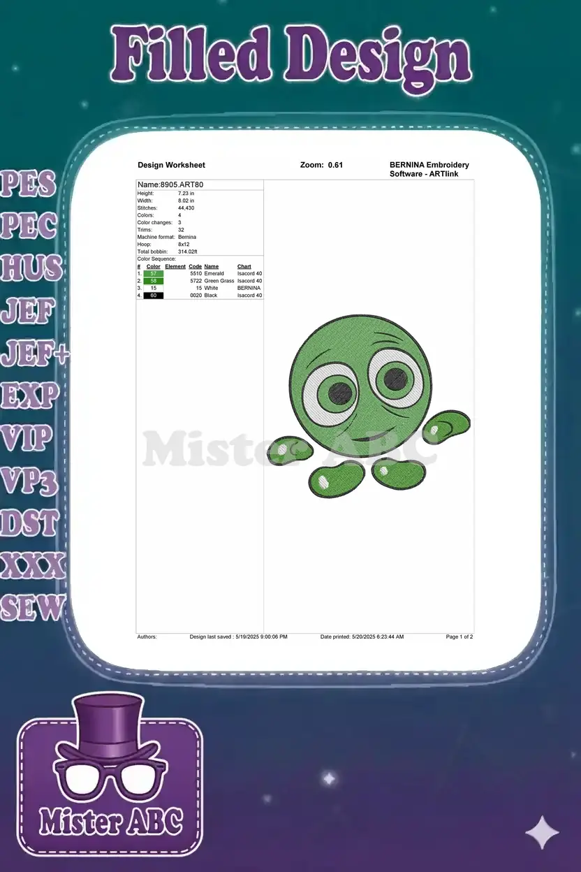 Embroidery design worksheet detailing stitch count, dimensions, color sequence, and thread information for the green creature.