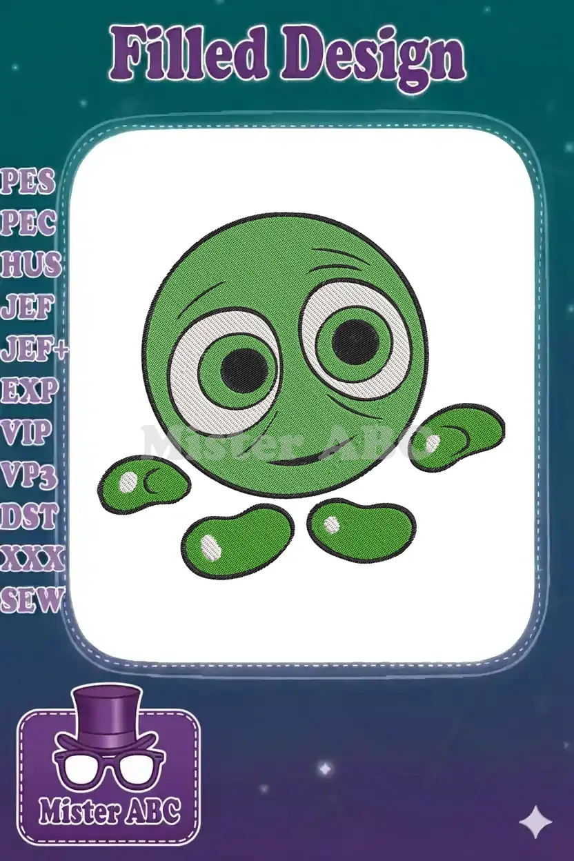 Close-up of a vibrant green, circular creature embroidery design with large, expressive eyes and a smile.