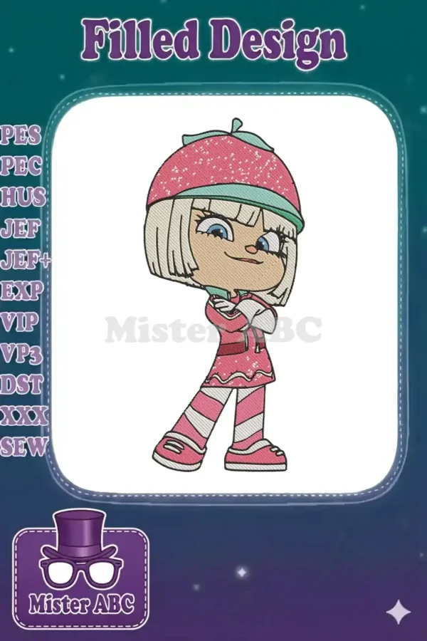 Full-body embroidery design of Minty Zaki from Wreck-It Ralph, featuring her signature pink hat, striped pants, and confident pose.
