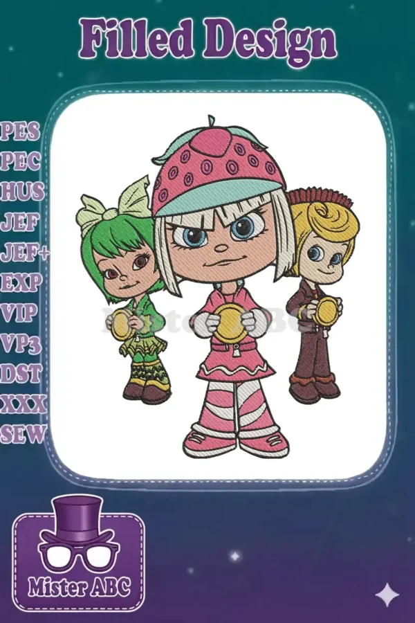 Colorful embroidery design of Vanellope von Schweetz, Taffyta Muttonfudge, and Candlehead from Wreck-It Ralph.