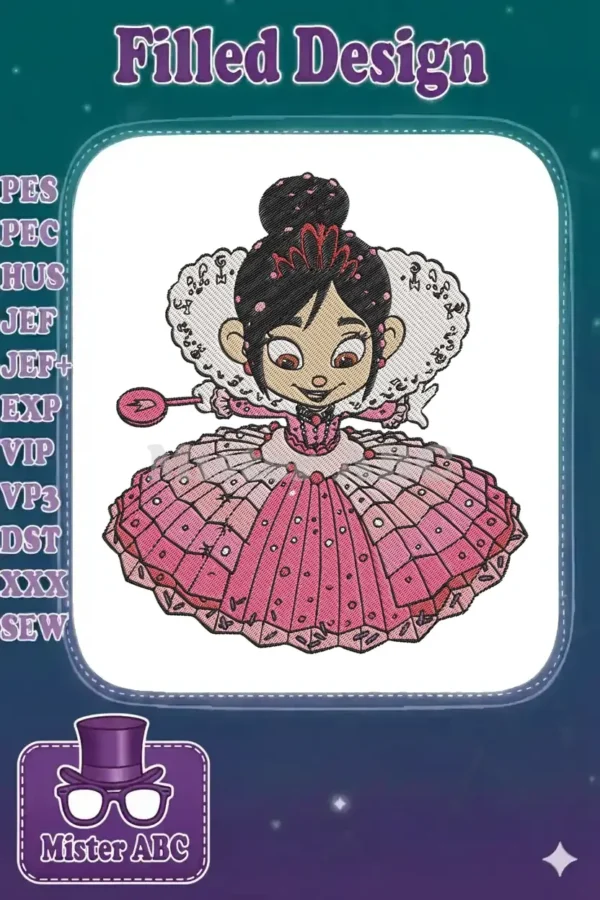 Adorable Vanellope von Schweetz, from Wreck-It Ralph, in a sweet princess candy-themed dress embroidery design.