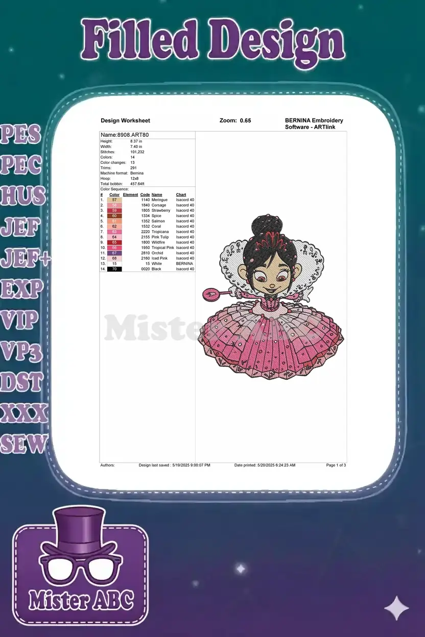 Detailed embroidery design worksheet for Vanellope von Schweetz, showing dimensions, stitch count, and color chart.