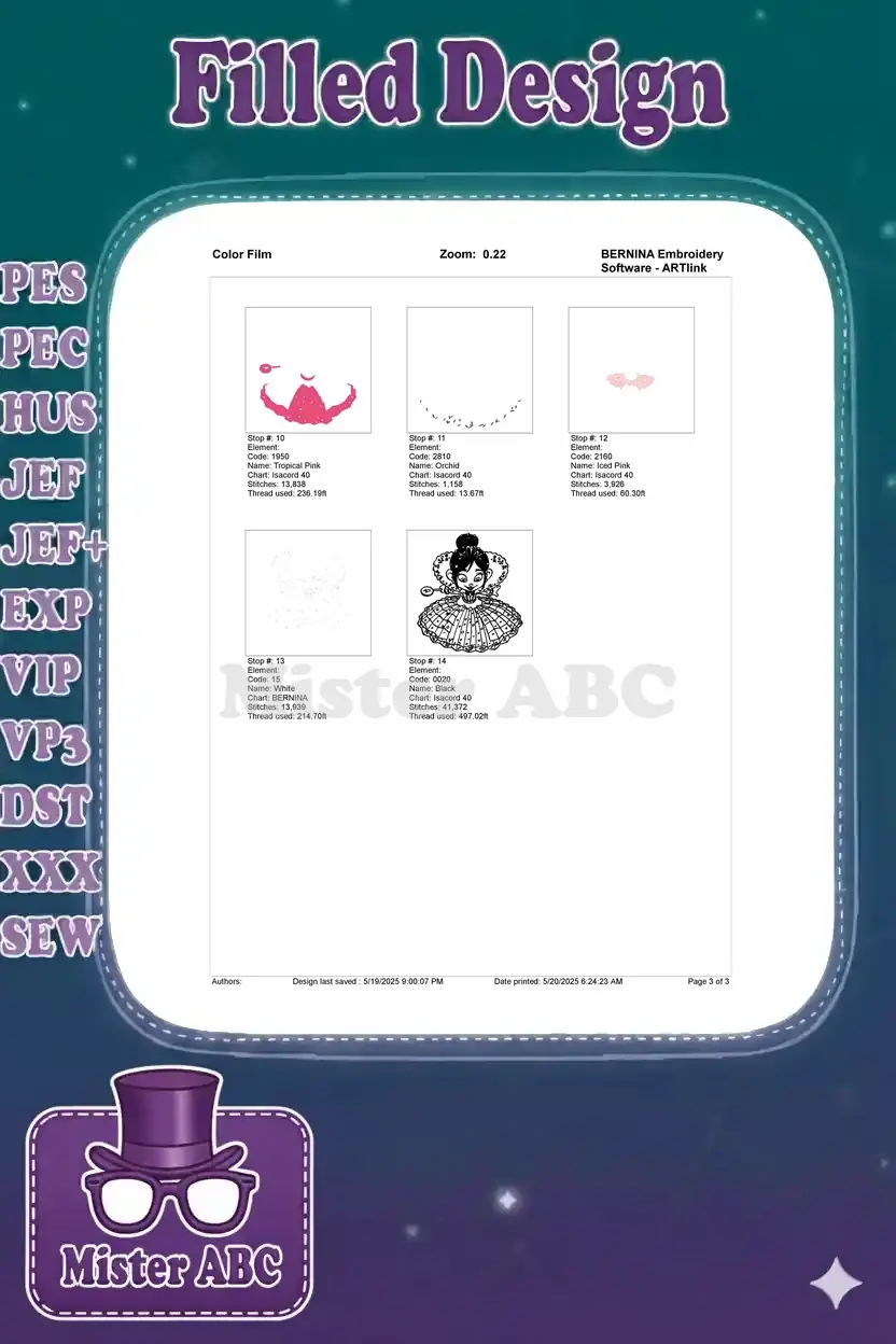 Page 3 of the color film document, detailing the final embroidery stitch-out steps for Vanellope's design.