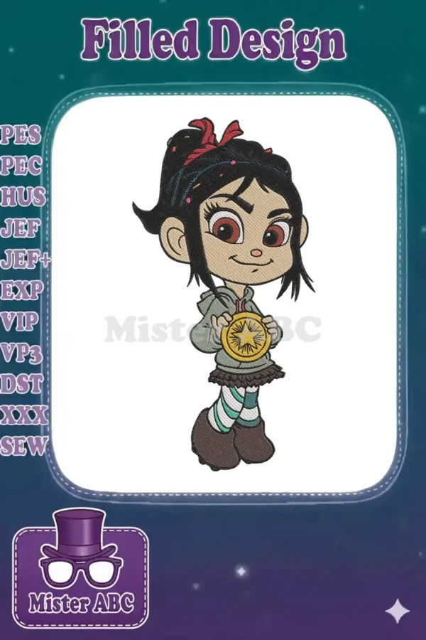 Vanellope von Schweetz embroidery design, full color, holding a gold medal, from Wreck-It Ralph.