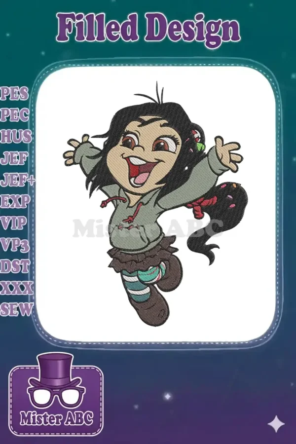 A vibrant embroidery design featuring Vanellope von Schweetz from Wreck-It Ralph, in a cheerful jumping pose.