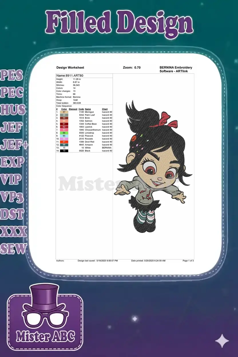 A comprehensive embroidery design worksheet displaying dimensions, stitch count, thread colors, and machine compatibility.