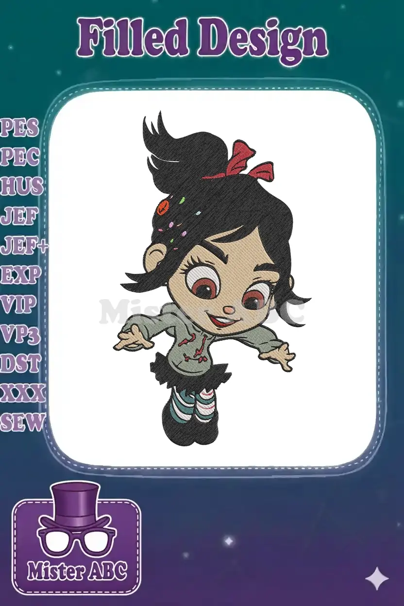 A vibrant embroidery design featuring Vanellope von Schweetz from Wreck-It Ralph, in a playful, jumping pose.