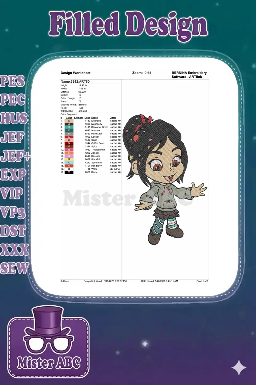 Comprehensive embroidery design worksheet for Vanellope von Schweetz, detailing size, stitch count, colors, and thread brands.