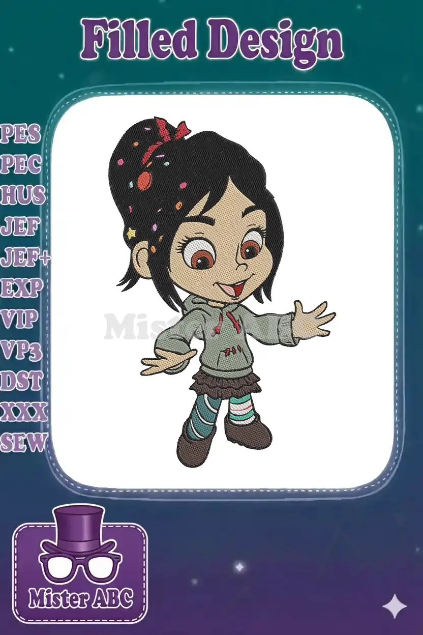 Vibrant embroidery design of Vanellope von Schweetz in her signature hoodie and candy-sprinkled hair, perfect for fans.