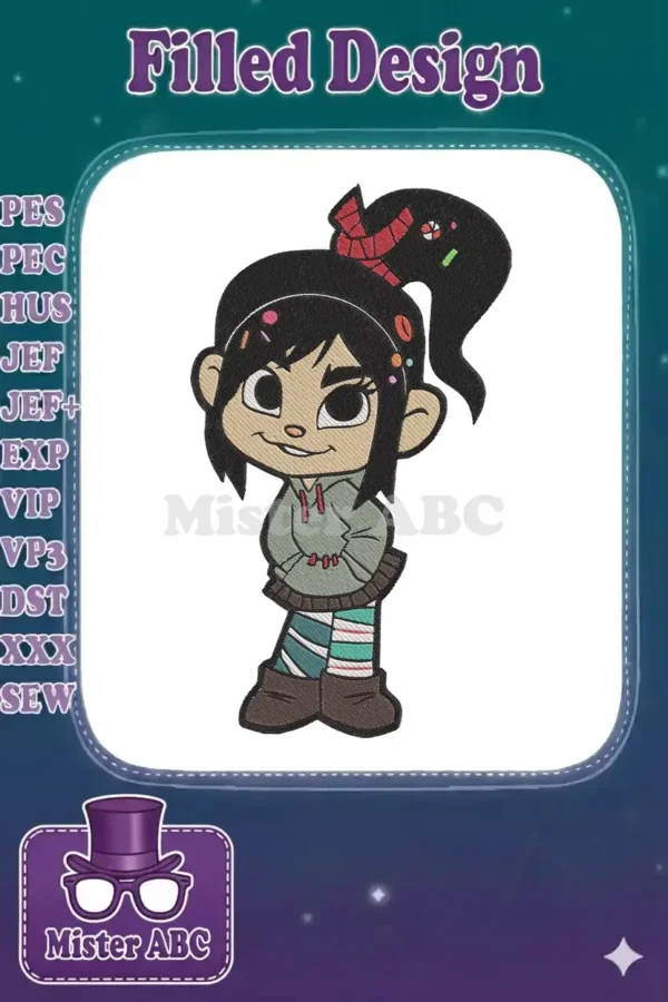 Full-body embroidery design of Vanellope von Schweetz, smiling, with candy sprinkles in her ponytail.