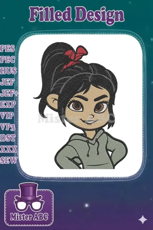 Detailed embroidery of Vanellope von Schweetz, featuring her iconic red bow, ponytail, and green hoodie.