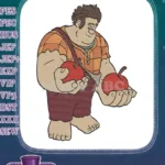 Wreck-It Ralph holding two red apples cartoon embroidery designs - Instant Download