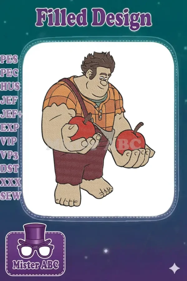 Wreck-It Ralph, the beloved Disney character, holding two red apples in a detailed, vibrant embroidery design.