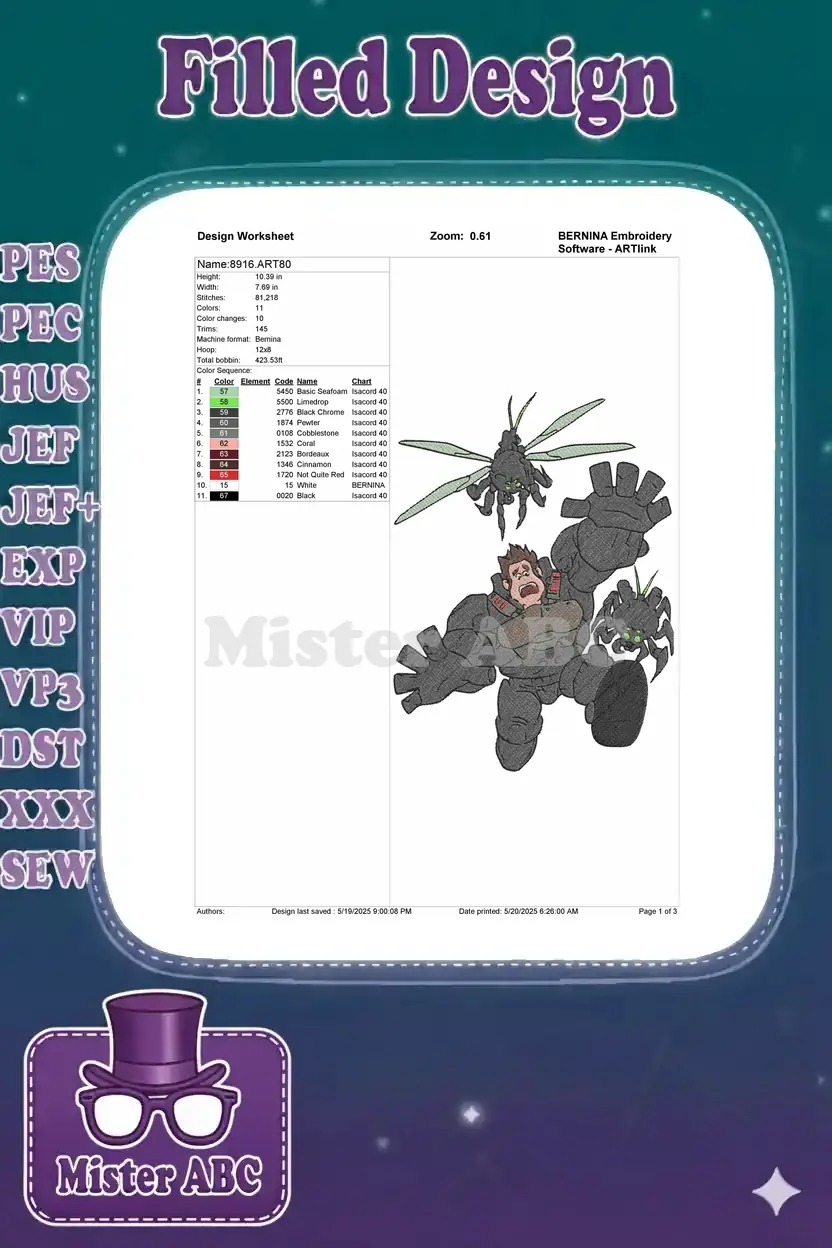 An embroidery design worksheet for Wreck-It Ralph vs. Cy-Bugs, showing dimensions, stitch count, and color chart.