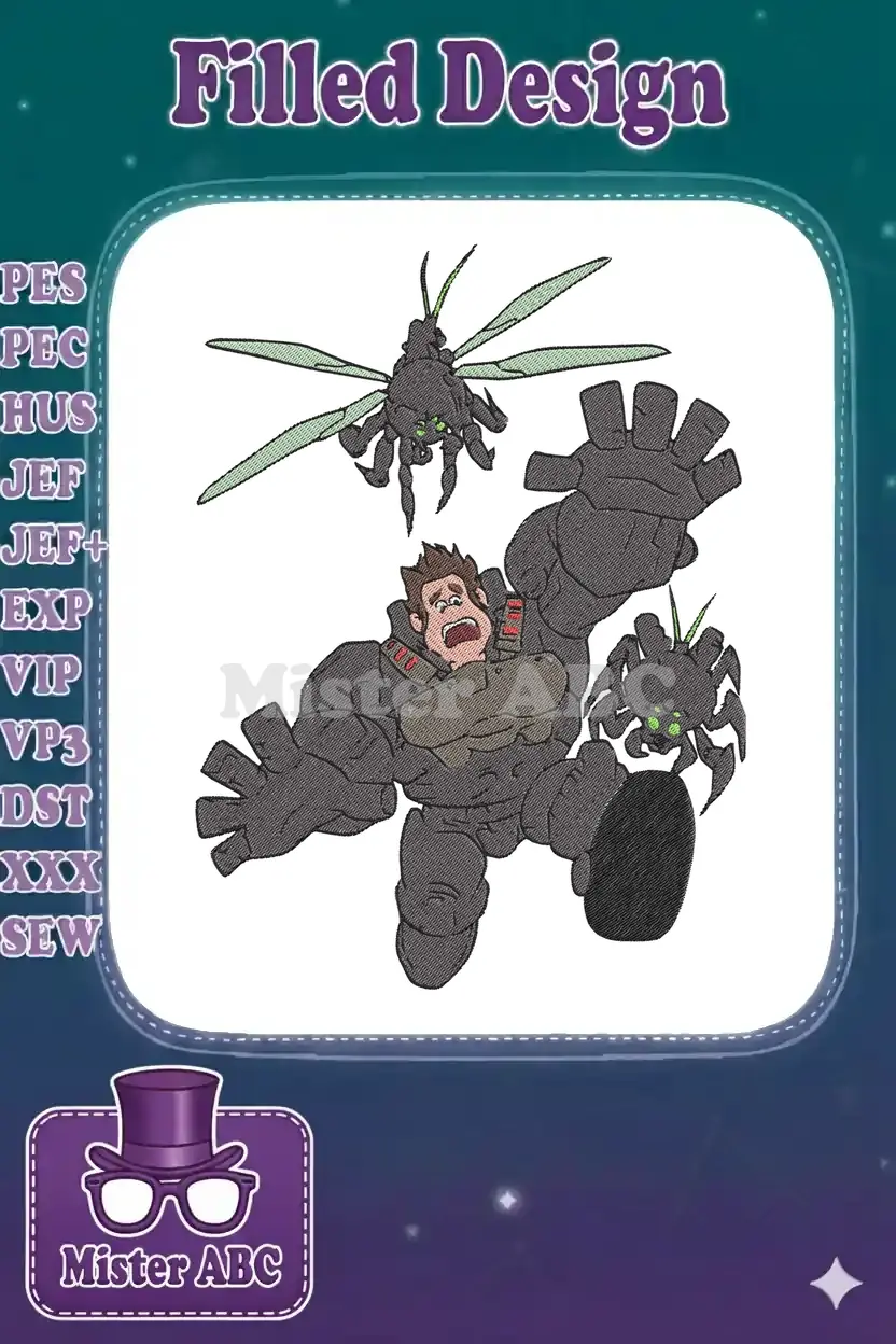 Wreck-It Ralph, in a grey military suit, looks terrified as two green-winged Cy-Bugs attack him in this vibrant embroidery.