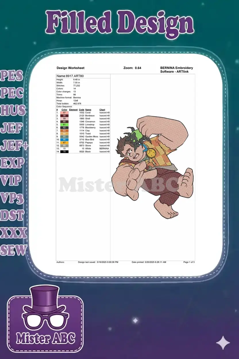 BERNINA embroidery design worksheet for 'Wreck-It Ralph & Cy-Bug', detailing dimensions, stitch count, and thread color chart.