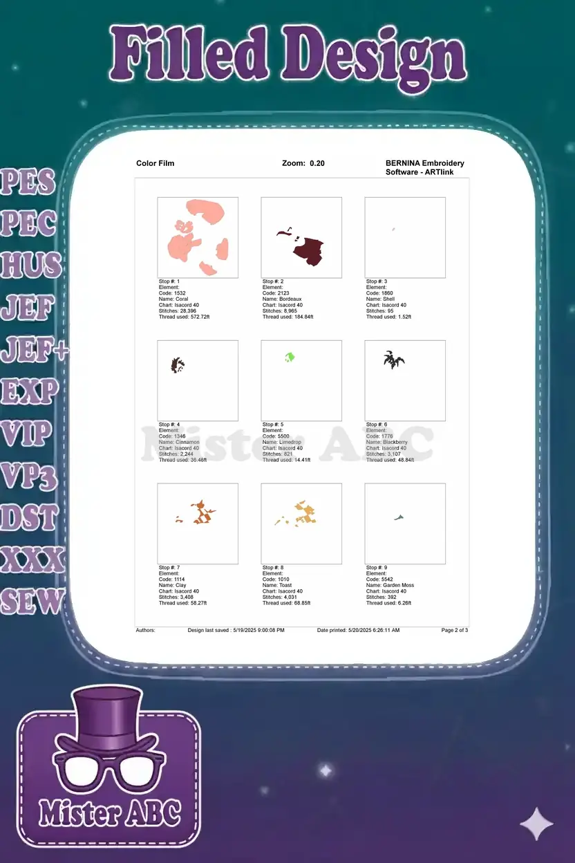 First page of the embroidery color film, illustrating the stitch sequence for the initial colors of the Wreck-It Ralph design.