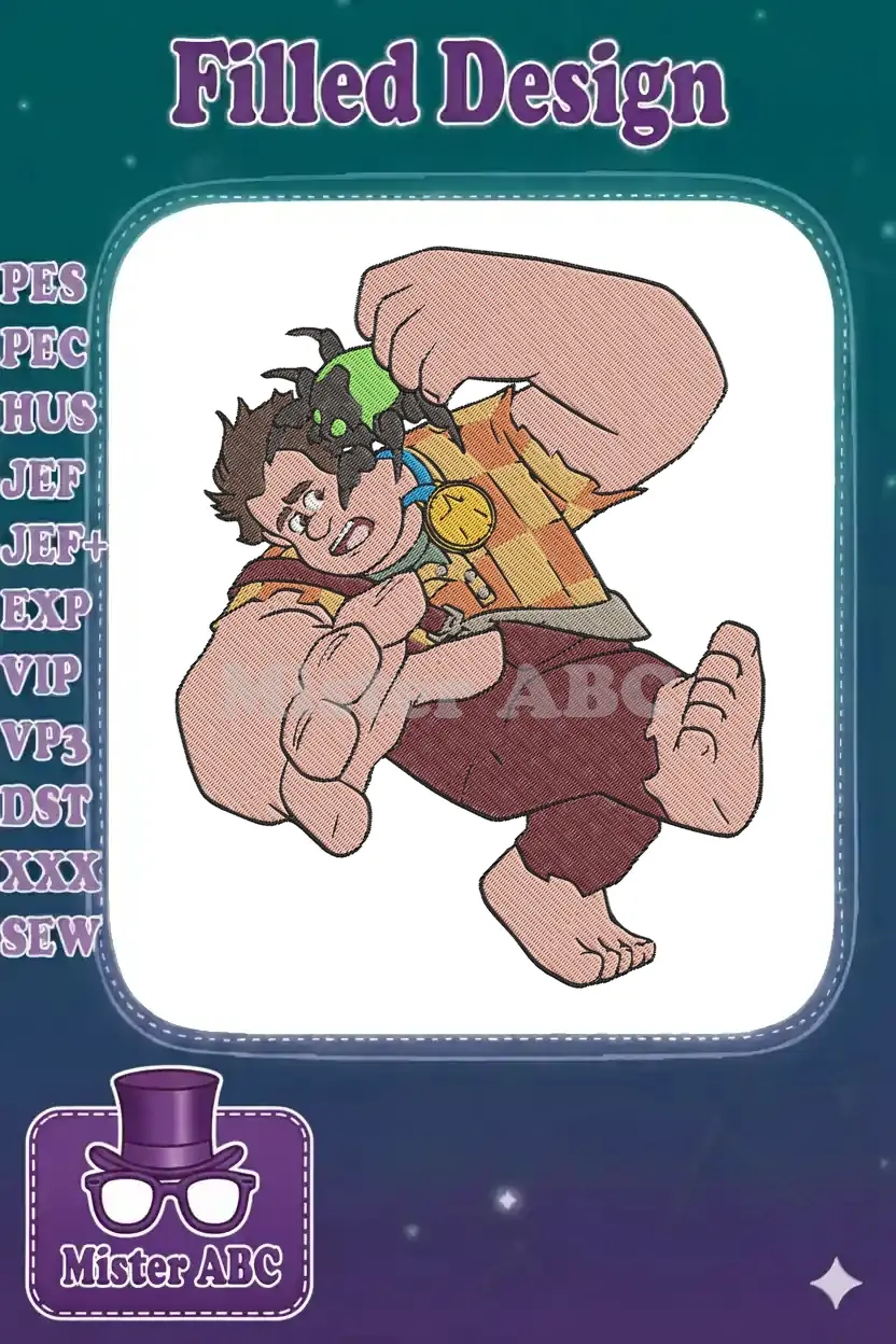 Detailed embroidery of Wreck-It Ralph, from the movie, holding a green Cy-Bug with a distressed look.