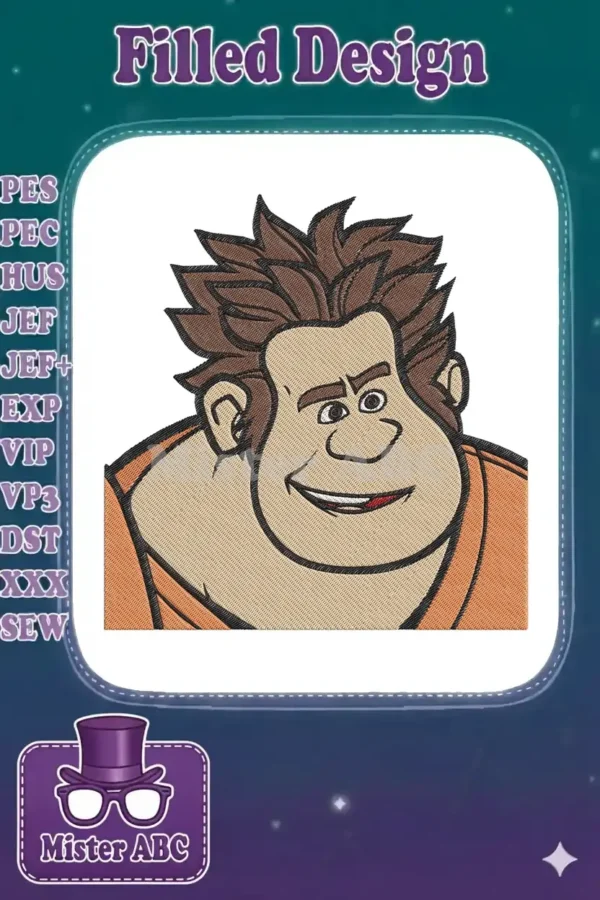 Close-up embroidery design of Wreck-It Ralph's smiling face, featuring detailed brown hair and fill stitches.