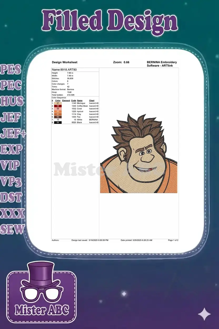 Embroidery design worksheet for Wreck-It Ralph, detailing dimensions, stitch count, and color sequence.