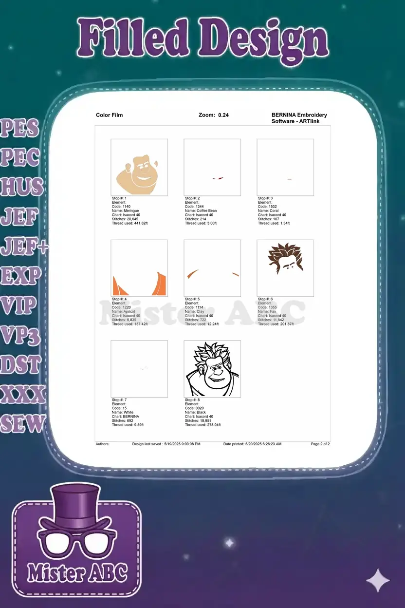 Color film breakdown showing each stitching step for the Wreck-It Ralph embroidery design.
