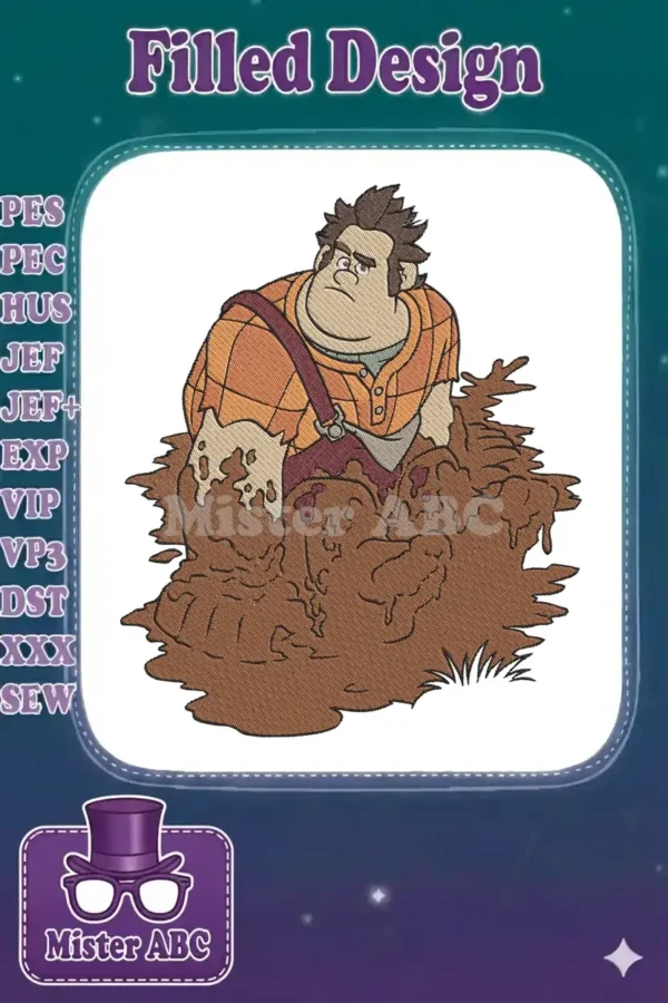Wreck-It Ralph, the beloved video game character, depicted in a digital embroidery design, stuck comically in a large puddle of brown mud.