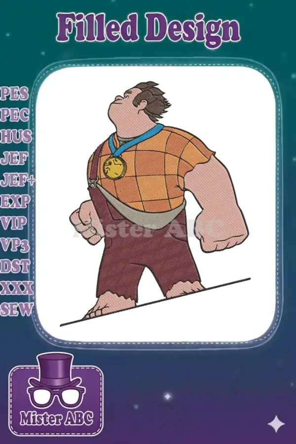 Wreck-It Ralph embroidery design, featuring the character looking up, wearing a medal and plaid shirt.