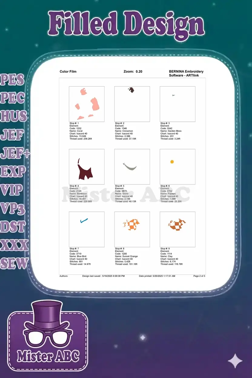 First page of the color film for Wreck-It Ralph embroidery, showing individual color elements and stitch data.