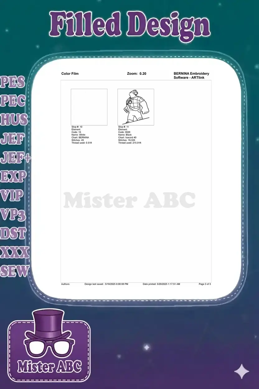 Second page of the color film for Wreck-It Ralph embroidery, showing remaining color elements and stitch data.