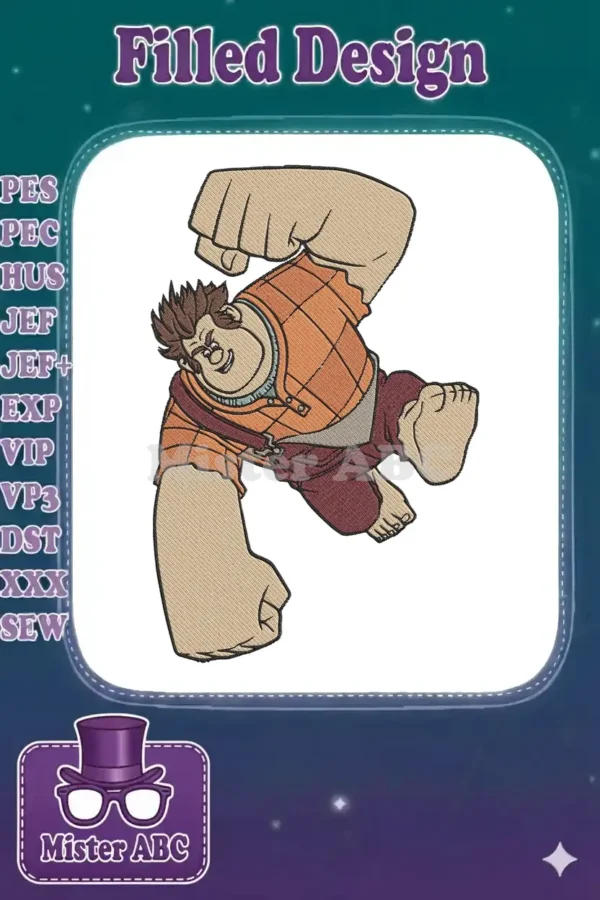 A detailed embroidery design of Wreck-It Ralph in a powerful, dynamic punching pose, ready to break something.