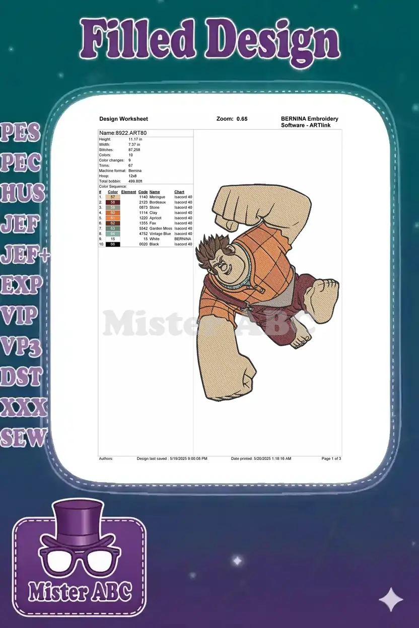 A detailed embroidery design worksheet for Wreck-It Ralph, showing dimensions, stitch count, and color chart.
