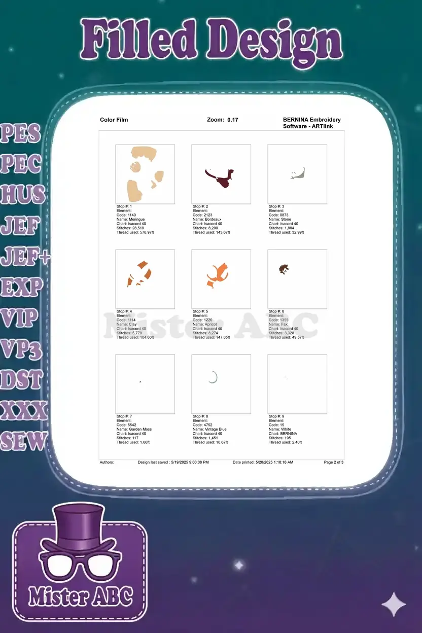 A color film breakdown of the Wreck-It Ralph embroidery design, showing individual stitch stops and thread usage.