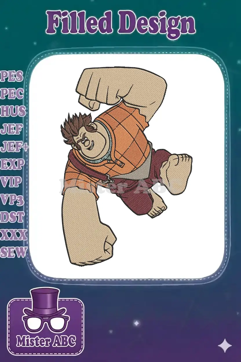 A detailed embroidery design of Wreck-It Ralph in a powerful, dynamic punching pose, ready to break something.