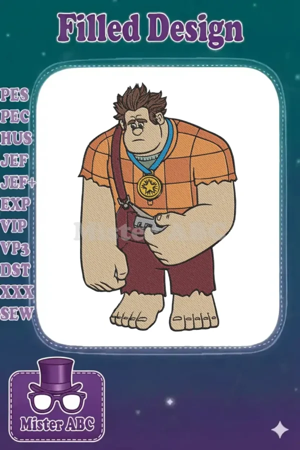 Detailed embroidery of Wreck-It Ralph, featuring his signature plaid shirt, overalls, and hero's medal, ready for your next project.