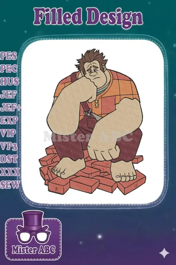 Wreck-It Ralph embroidery design, showing the character sitting pensively on a pile of red bricks.