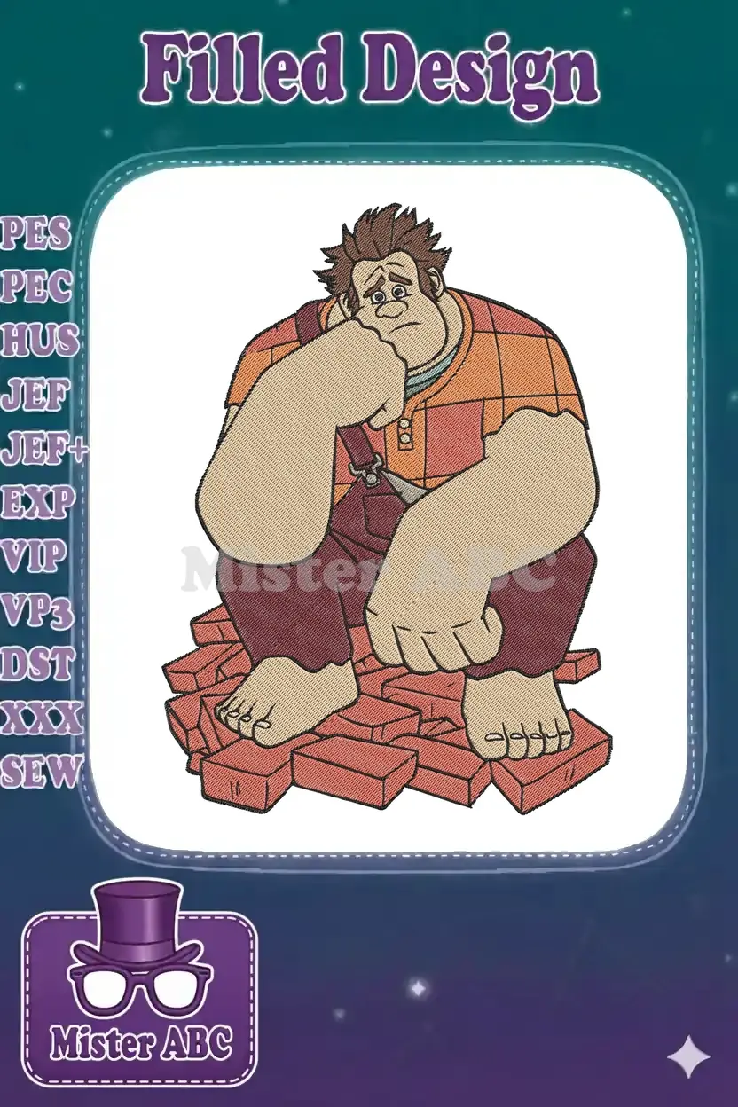 Wreck-It Ralph embroidery design, showing the character sitting pensively on a pile of red bricks.