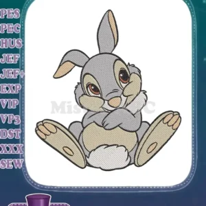 Close-up of a charming Thumper embroidery design, a beloved Disney character, sitting with a playful expression.