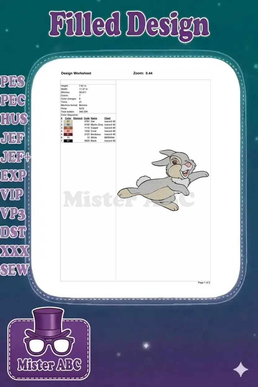 Embroidery design worksheet for Thumper, showing dimensions, stitch count, color sequence, and machine formats.