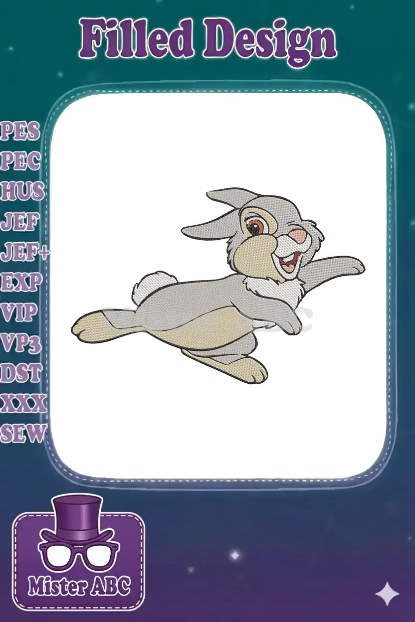 Close-up of a vibrant Thumper embroidery design, featuring the playful rabbit jumping with a joyful expression.