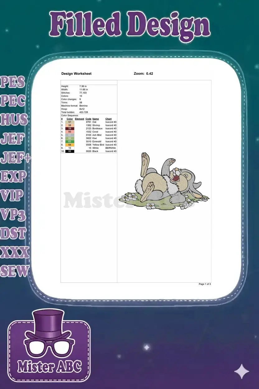 Embroidery design worksheet for Thumper, showing dimensions, stitch count, color sequence, and machine info.