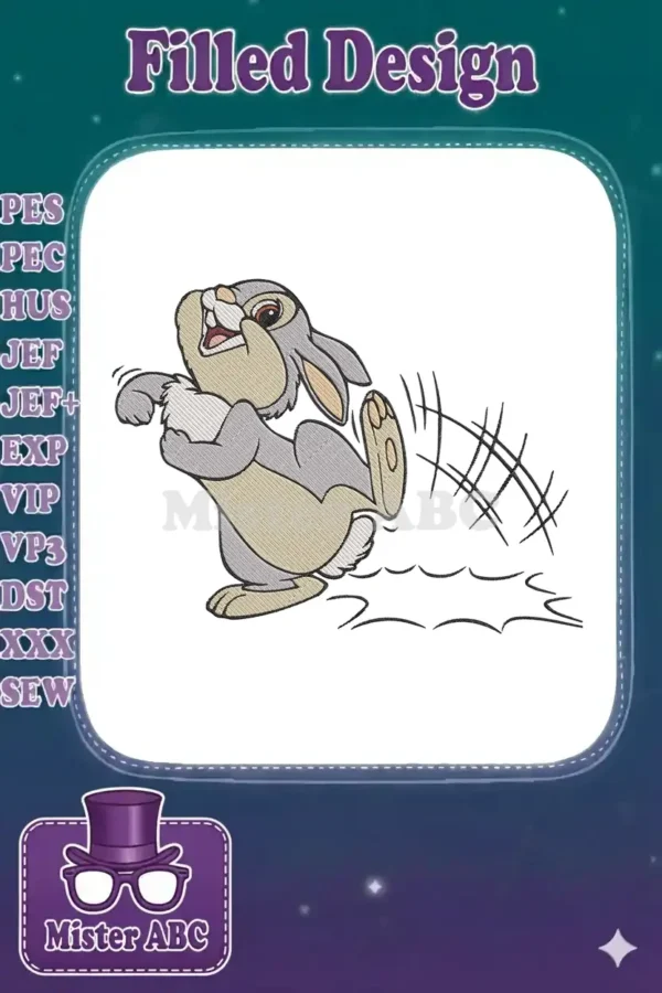 Digital embroidery design of Thumper from Disney's Bambi, depicted in a lively, playful kicking pose.