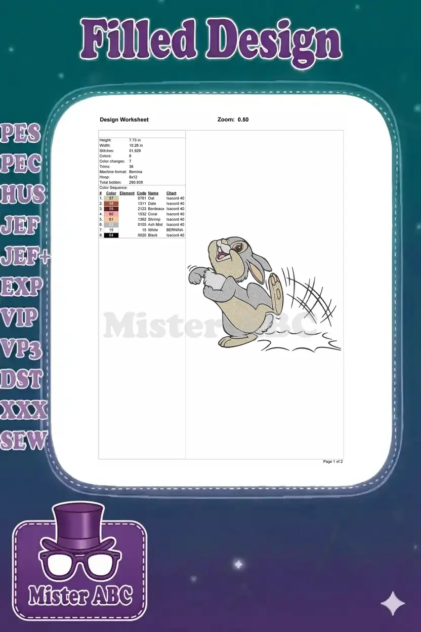 Detailed design worksheet for the Thumper embroidery, showing dimensions, stitch count, and color chart.