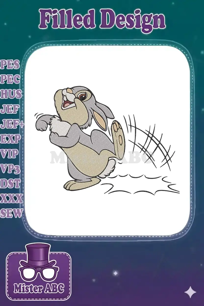 Digital embroidery design of Thumper from Disney's Bambi, depicted in a lively, playful kicking pose.