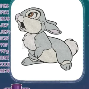 A vibrant digital embroidery design of Thumper, the gray rabbit from Disney's Bambi, in a playful pose.