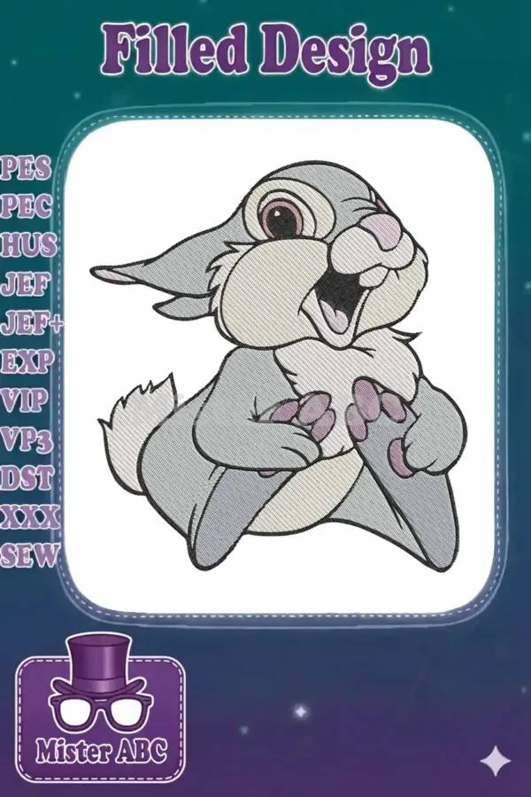 Close-up of an adorable Thumper embroidery design, a cheerful rabbit from Disney, with detailed fill stitches.