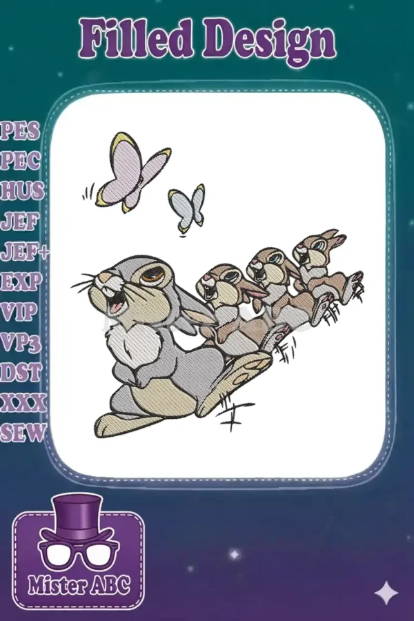 Thumper and his sisters joyfully leaping with butterflies, an enchanting Disney embroidery design with intricate stitches.