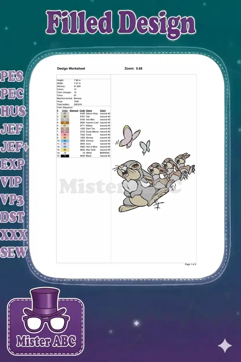 Detailed embroidery design worksheet showing dimensions, stitch count, color changes, and a complete color sequence chart.