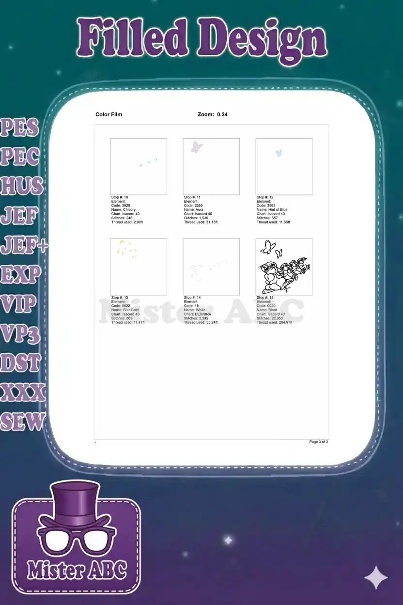 Second page of the embroidery color film, detailing the final six stitch-out sections with thread codes and stitch counts.